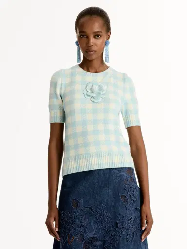 Oscar de la Renta Gingham Pullover with Floral Appliqué | Thumbnail 5