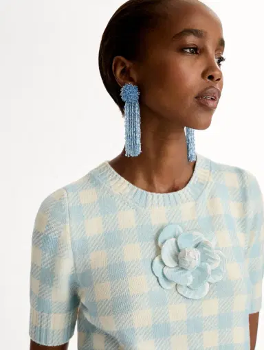 Oscar de la Renta Gingham Pullover with Floral Appliqué | Thumbnail 6