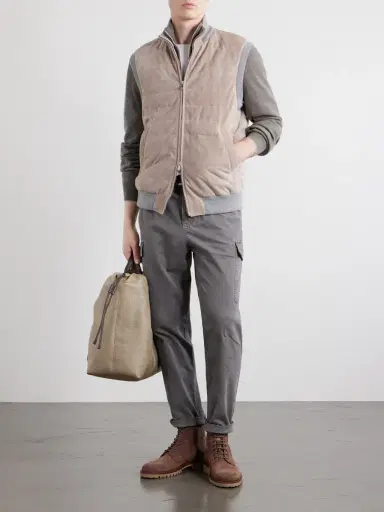 Brunello Cucinelli Padded Cashmere-Trimmed Quilted Suede Gilet - Men | Thumbnail 2