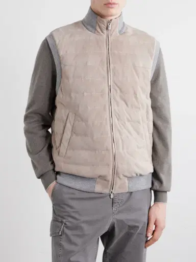 Brunello Cucinelli Padded Cashmere-Trimmed Quilted Suede Gilet - Men | Thumbnail 3