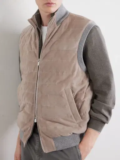 Brunello Cucinelli Padded Cashmere-Trimmed Quilted Suede Gilet - Men | Thumbnail 5