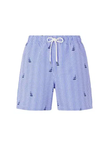 Polo Ralph Lauren Striped Straight-Leg Mid-Length Recycled-Seersucker Swim Shorts - Men | Thumbnail 1 Polo Ralph Lauren Striped Straight-Leg Mid-Length Recycled-Seersucker Swim Shorts - Men | Thumbnail 1