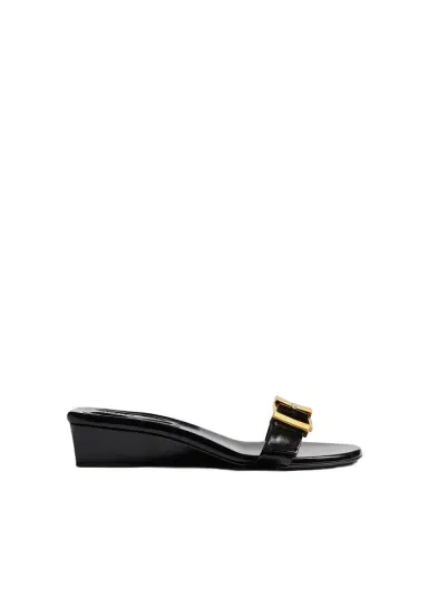 Khaite Manhattan Sandal In Black Glazed Leather | Thumbnail 1 Khaite Manhattan Sandal In Black Glazed Leather | Thumbnail 1