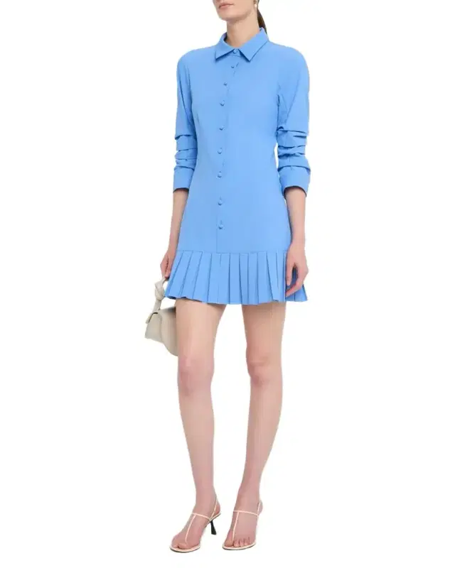 Lucilla Topstitched Pleated-Hem Mini Shirtdress