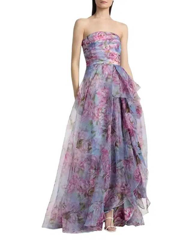 Theia Fahreta Strapless Floral-Print Gown