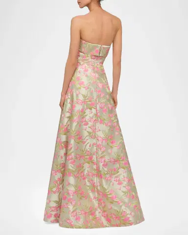 THEIA Sylvana Strapless High-Low Jacquard Gown | Thumbnail 2 THEIA Sylvana Strapless High-Low Jacquard Gown | Thumbnail 2