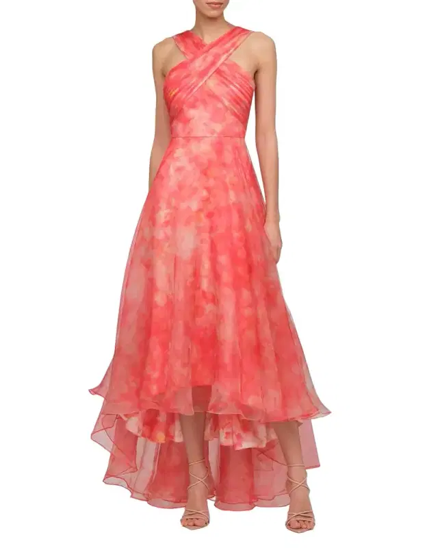 Theia Athena High-Low Organza Halter Gown