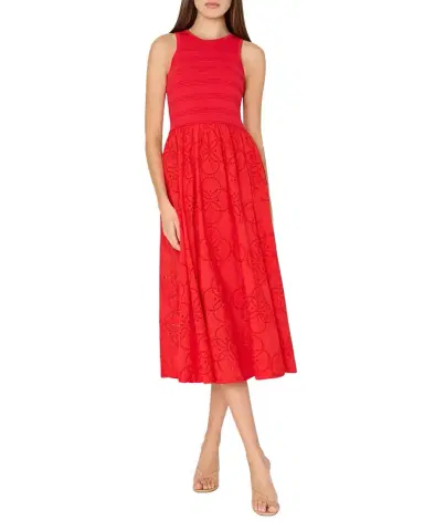 Milly Eyelet-Embroidered Mixed Media Midi Dress | Thumbnail 1