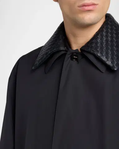 Bottega Veneta Men's Leather Intrecciato-Collar Overcoat | Thumbnail 4