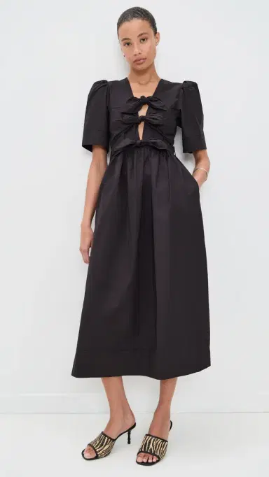 Ganni Stretch Cotton Tie Strap Midi Dress Black 34 | Thumbnail 2