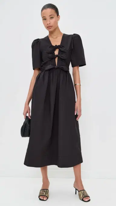 Ganni Stretch Cotton Tie Strap Midi Dress Black 34 | Thumbnail 5