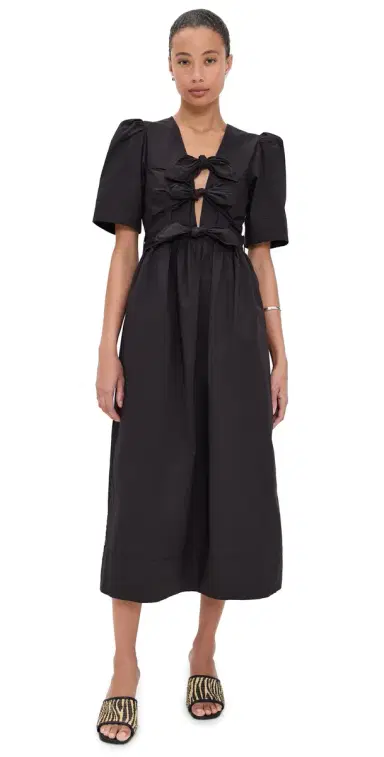 Ganni Stretch Cotton Tie Strap Midi Dress Black 34 | Thumbnail 1