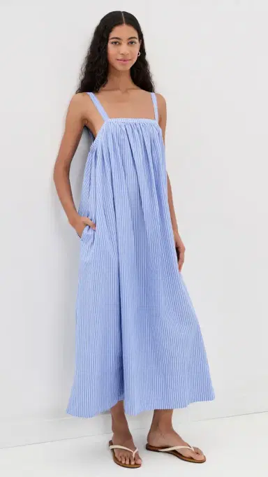 Faherty Coastal Poplin Emmy Dress Deepwater Stripe M | Thumbnail 2