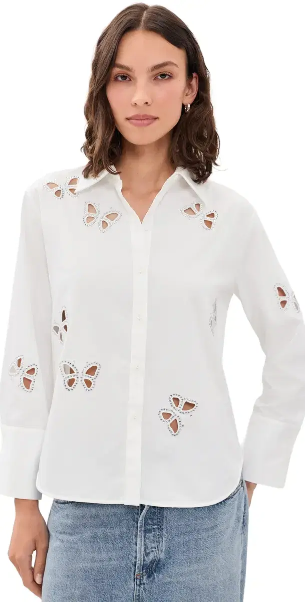 ALICE + OLIVIA Finely Embellished Cutout Button Down hirt Off White/ilver Crystal