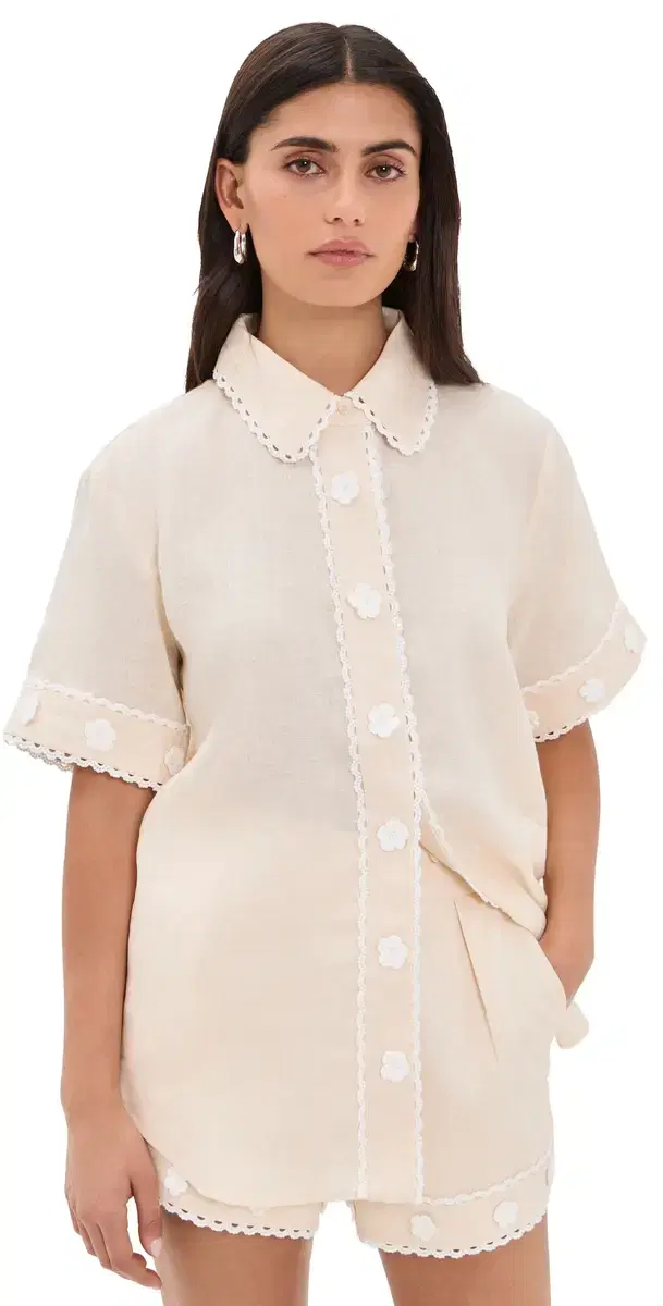 English Factory Floral inen Button Down Shirt ight Beige