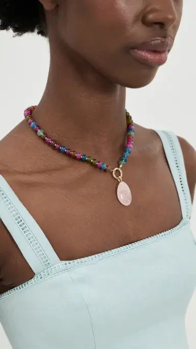By Adina Eden Beaded Natural Stone Drop Necklace Multicolor One Size | Thumbnail 3