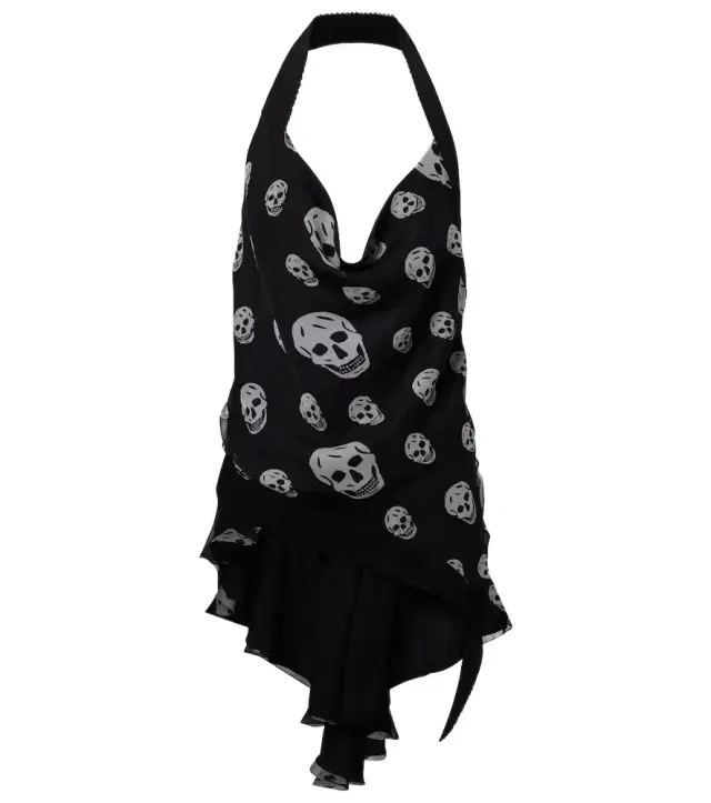 McQueen Skull asymmetric halterneck chiffon top