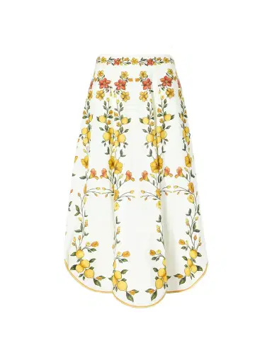 Farm Rio Lemon Bouquet Printed Linen-blend Midi Skirt | Thumbnail 1 Farm Rio Lemon Bouquet Printed Linen-blend Midi Skirt | Thumbnail 1