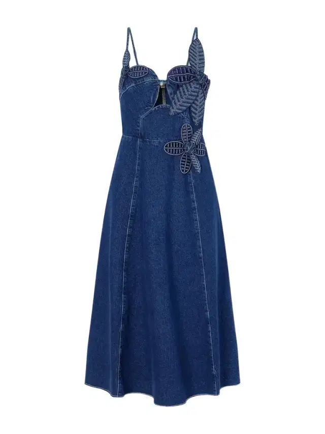 Farm Rio Floral-appliquéd Denim Midi Dress
