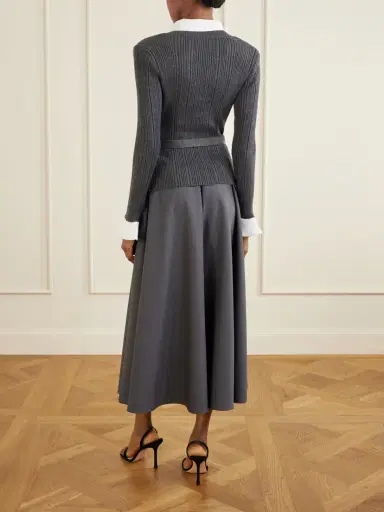 Self-Portrait Belted Embellished Ribbed-knit And Twill Midi Dress | Thumbnail 3 Self-Portrait Belted Embellished Ribbed-knit And Twill Midi Dress | Thumbnail 3