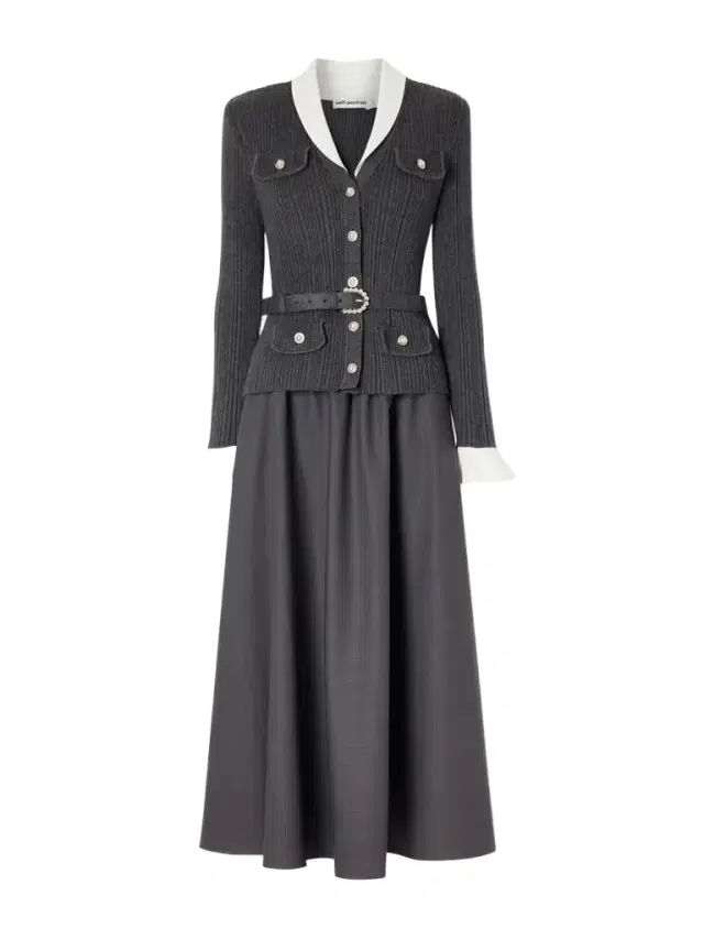 Belted Embellished Ribbed-knit And Twill Midi Dress
