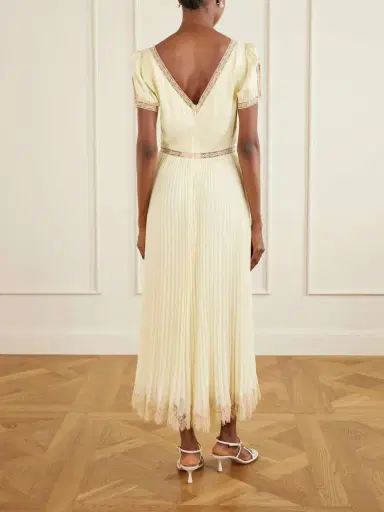 Self-Portrait Lace-trimmed Pleated Crepe Midi Dress | Thumbnail 3
