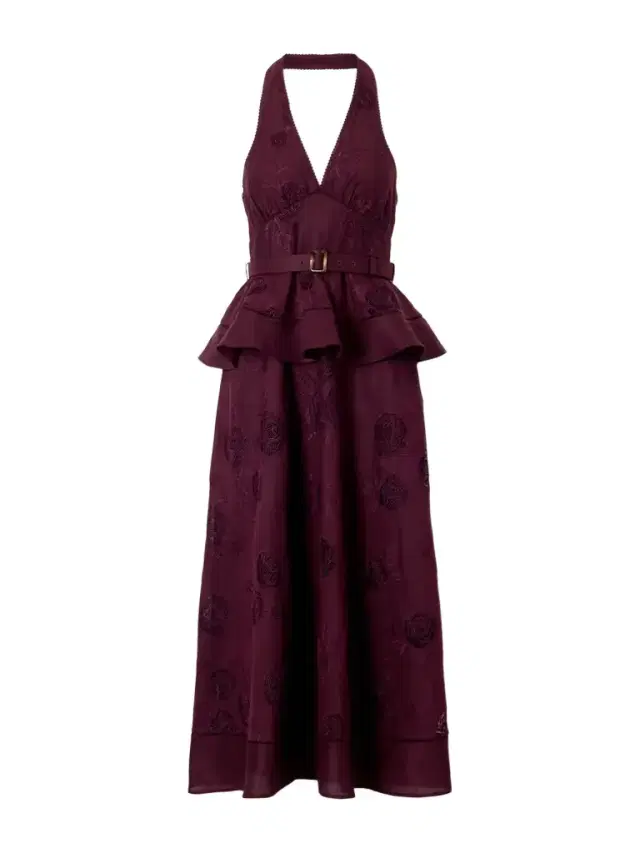 Self-Portrait Belted Broderie Anglaise-trimmed Linen And Cotton-blend Peplum Midi Dress