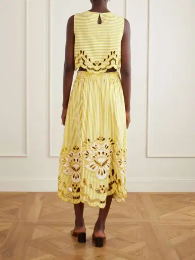 Farm Rio Striped Broderie Anglaise-trimmed Linen-blend Midi Skirt | Thumbnail 3 Farm Rio Striped Broderie Anglaise-trimmed Linen-blend Midi Skirt | Thumbnail 3