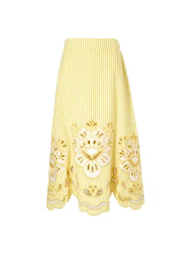 Farm Rio Striped Broderie Anglaise-trimmed Linen-blend Midi Skirt | Thumbnail 1 Farm Rio Striped Broderie Anglaise-trimmed Linen-blend Midi Skirt | Thumbnail 1