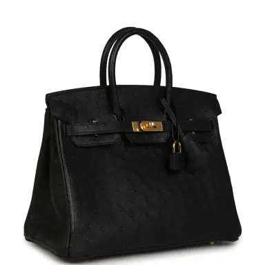 HERMÈS Hermes Birkin 25 Black Ostrich Gold Hardware | Thumbnail 2