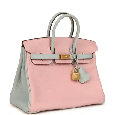 HERMÈS Hermes Special Order (HSS) Birkin 25 Rose Sakura and Bleu Pale Clemence Brushed Gold Hardware | Thumbnail 2