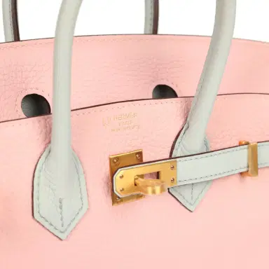 HERMÈS Hermes Special Order (HSS) Birkin 25 Rose Sakura and Bleu Pale Clemence Brushed Gold Hardware | Thumbnail 7