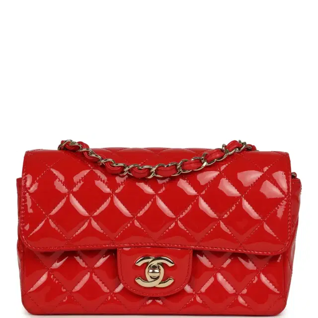 Chanel Pre-owned Chanel Mini Classic Rectangular Flap Bag Red Patent Light Gold Hardware