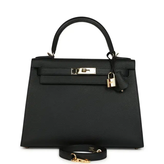 hermes Pre-owned Hermes Kelly Sellier 28 Black Epsom Permabrass Hardware