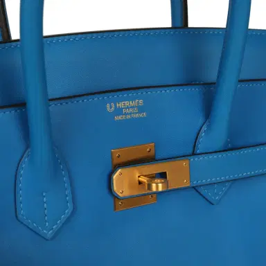 HERMÈS Pre-owned Hermes Special Order (HSS) Birkin 35 Bleu Hydra Verso Swift Brushed Gold Hardware | Thumbnail 7
