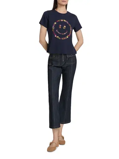 Cinq à Sept Women's Wildflower-Embroidered Cotton Shrunken T-Shirt - Navy Multi | Thumbnail 2 Cinq à Sept Women's Wildflower-Embroidered Cotton Shrunken T-Shirt - Navy Multi | Thumbnail 2