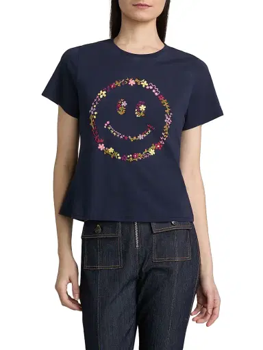 Cinq à Sept Women's Wildflower-Embroidered Cotton Shrunken T-Shirt - Navy Multi | Thumbnail 3 Cinq à Sept Women's Wildflower-Embroidered Cotton Shrunken T-Shirt - Navy Multi | Thumbnail 3