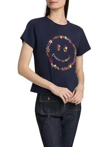 Cinq à Sept Women's Wildflower-Embroidered Cotton Shrunken T-Shirt - Navy Multi | Thumbnail 4 Cinq à Sept Women's Wildflower-Embroidered Cotton Shrunken T-Shirt - Navy Multi | Thumbnail 4
