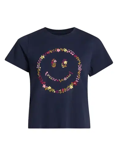 Cinq à Sept Women's Wildflower-Embroidered Cotton Shrunken T-Shirt - Navy Multi | Thumbnail 1 Cinq à Sept Women's Wildflower-Embroidered Cotton Shrunken T-Shirt - Navy Multi | Thumbnail 1