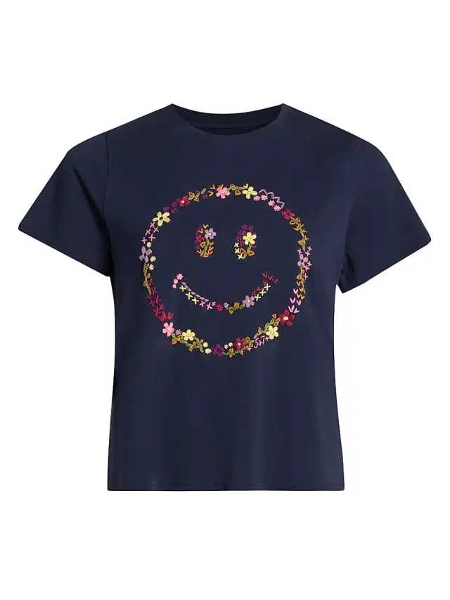 Women's Wildflower-Embroidered Cotton Shrunken T-Shirt - Navy Multi