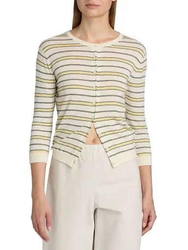 Vince Women's Striped Cotton-Cashmere Cardigan - Dandelion Combo - Size XXS | Thumbnail 3