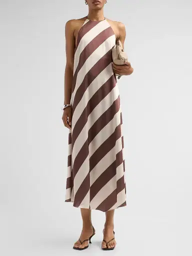 SEROYA Women's Marci Striped Open-Back Midi Dress - Cocoa Almond Stripe - Size XL | Thumbnail 2