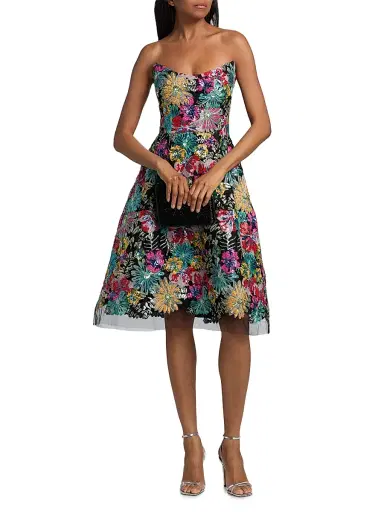 Teri Jon by Rickie Freeman Women's Floral Sequinned Embroidered Tulle Cocktail Dress - Black Multi - Size 18 | Thumbnail 3