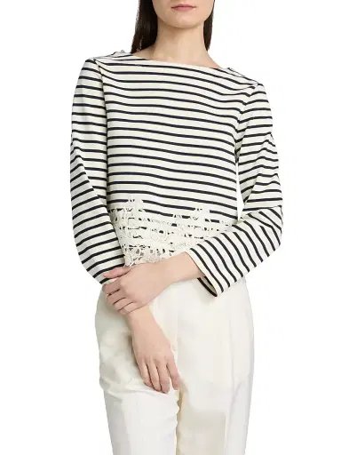 Veronica Beard Women's Hovey Striped Lace-Trim Top - Dove Navy Stripe | Thumbnail 3