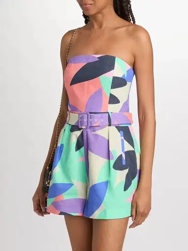 Ramy Brook Women's Isobel Abstract Linen-Cotton Strapless Romper - Palm Linen - Size 12 | Thumbnail 4