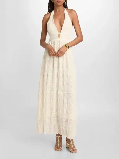 Ramy Brook Women's Hazel Halterneck Embellished Maxi Dress - Bone Chiffon - Size 12 | Thumbnail 3