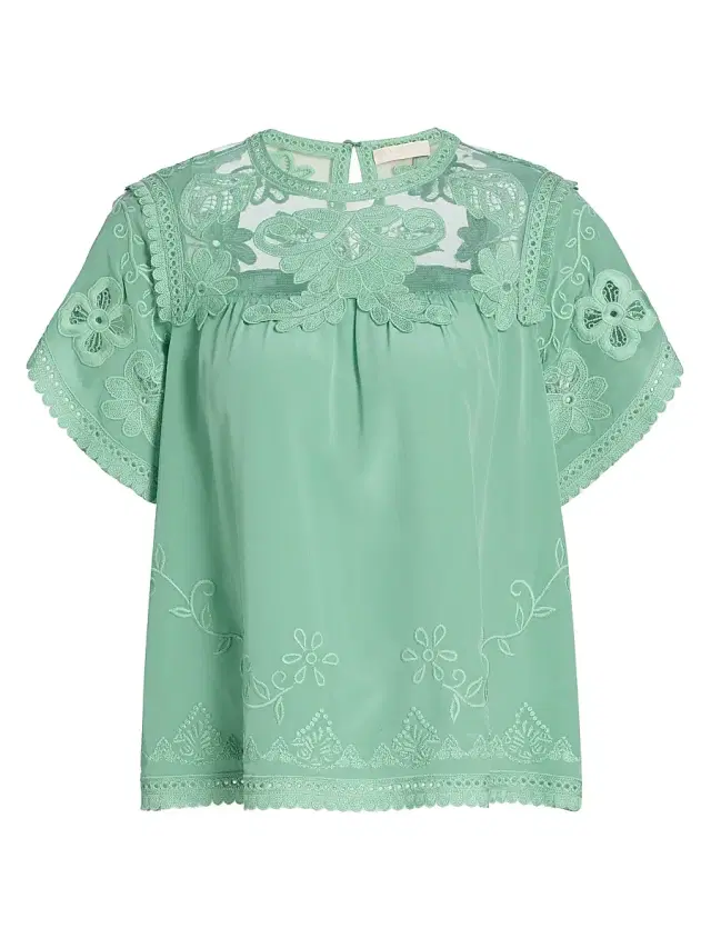 Women's Florence Embroidered Floral Silk Tulle Top - Arctic
