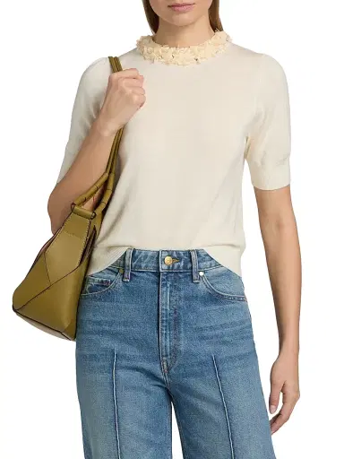 Ulla Johnson Women's Jude Embellished-Trim Merino Wool Short-Sleeve Top - Pearled Ivory - Size XL | Thumbnail 3 Ulla Johnson Women's Jude Embellished-Trim Merino Wool Short-Sleeve Top - Pearled Ivory - Size XL | Thumbnail 3