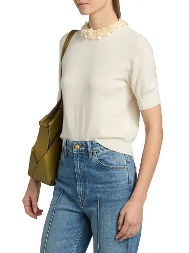 Ulla Johnson Women's Jude Embellished-Trim Merino Wool Short-Sleeve Top - Pearled Ivory - Size XL | Thumbnail 4 Ulla Johnson Women's Jude Embellished-Trim Merino Wool Short-Sleeve Top - Pearled Ivory - Size XL | Thumbnail 4