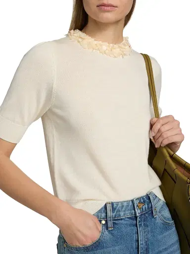 Ulla Johnson Women's Jude Embellished-Trim Merino Wool Short-Sleeve Top - Pearled Ivory - Size XL | Thumbnail 6 Ulla Johnson Women's Jude Embellished-Trim Merino Wool Short-Sleeve Top - Pearled Ivory - Size XL | Thumbnail 6